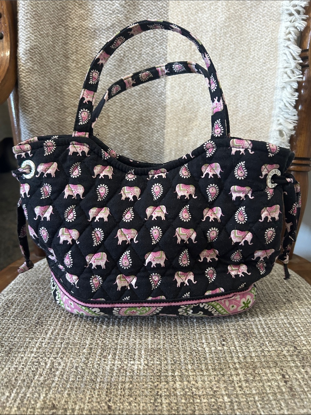 Small Quilted Black Tote Bag with Pink Elephant Print